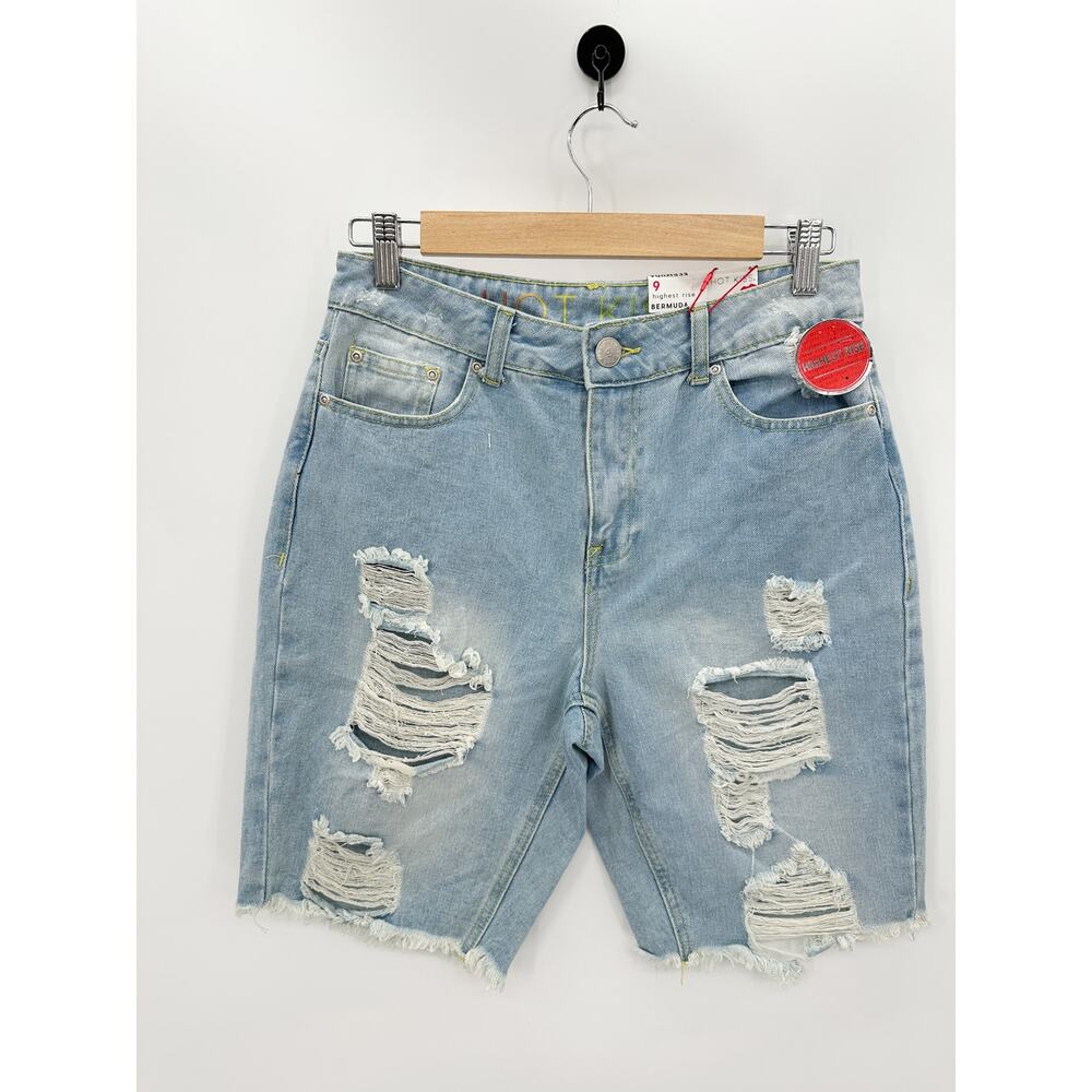 Hot Kiss Light Wash Distress Highest Rise Bermuda Denim Jean Shorts Junior 9 NWT